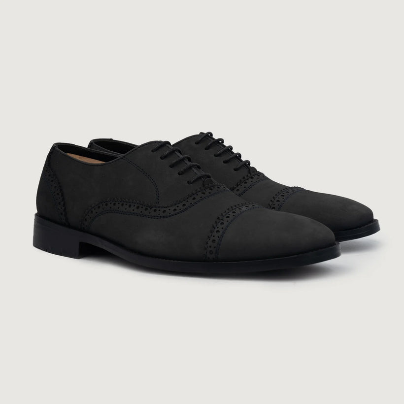 Greyson Brogues Oxford Black Nubuck Leather Shoes For Men in Black Full-Grain Leather - Lateral Side Profile View | Buy Online