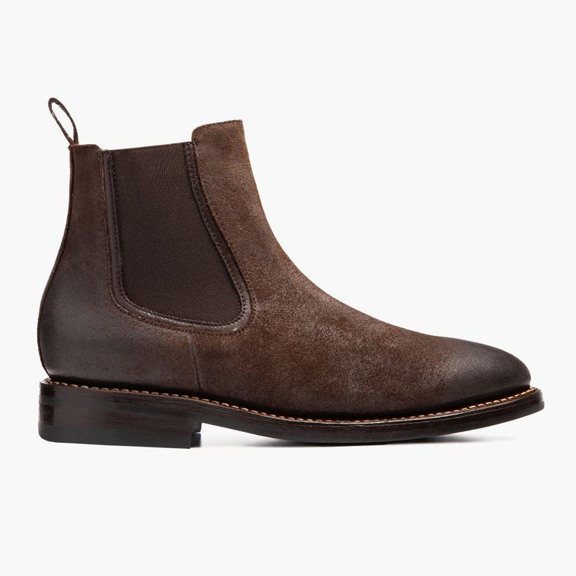 Chocolate Goatskin Suede Leather Boots - Goodyear Welt Construction & Front Toe Box Detail