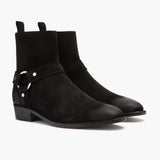 Harness Black Suede Leather Boots in Black Goatskin Suede - Lateral Side Profile View | Buy Online