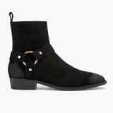 Black Goatskin Suede Leather Boots - Goodyear Welt Construction & Front Toe Box Detail