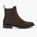 Duchess Dark Brown Suede Leather Boots in Dark Brown Goatskin Suede - Lateral Side Profile View | Buy Online