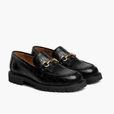 Women's Penny Black & Gold Croco Leather Loafers in Black Full-Grain Leather - Lateral Side Profile View | Buy Online
