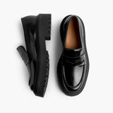 Women's Penny Platform Black Leather Loafers - Reinforced Heel Counter & Precision Double-Row Stitching Detail