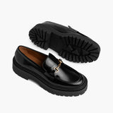 High-Traction Rubber Outsole & Lug Tread Pattern on Women's Penny Platform Black & Gold Leather Loafers