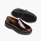 High-Traction Rubber Outsole & Lug Tread Pattern on Women's Penny Platform Burgundy Leather Boots