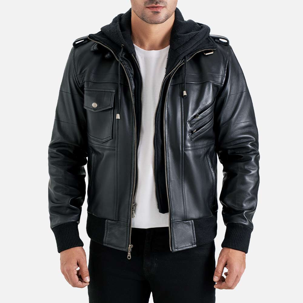 Ischia Black Hooded Leather Bomber Jacket - image 2