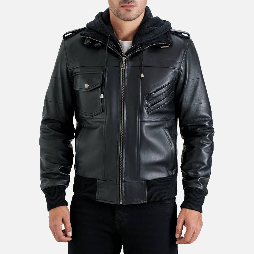 Ischia Black Hooded Leather Bomber Jacket - image 3