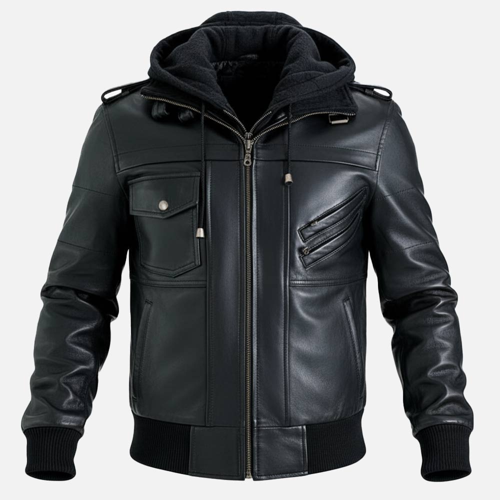 Ischia Black Hooded Leather Bomber Jacket - image 6