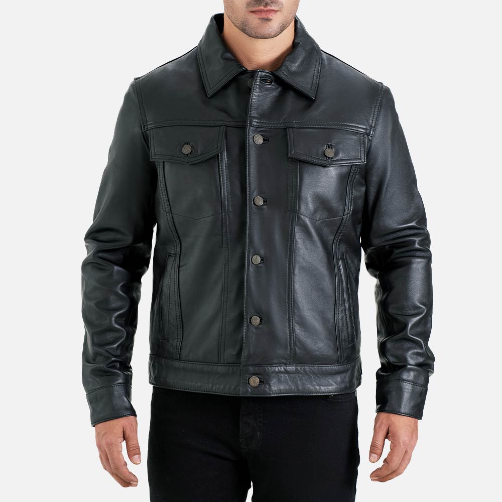 Napoli Black Leather Trucker Jacket - image 3