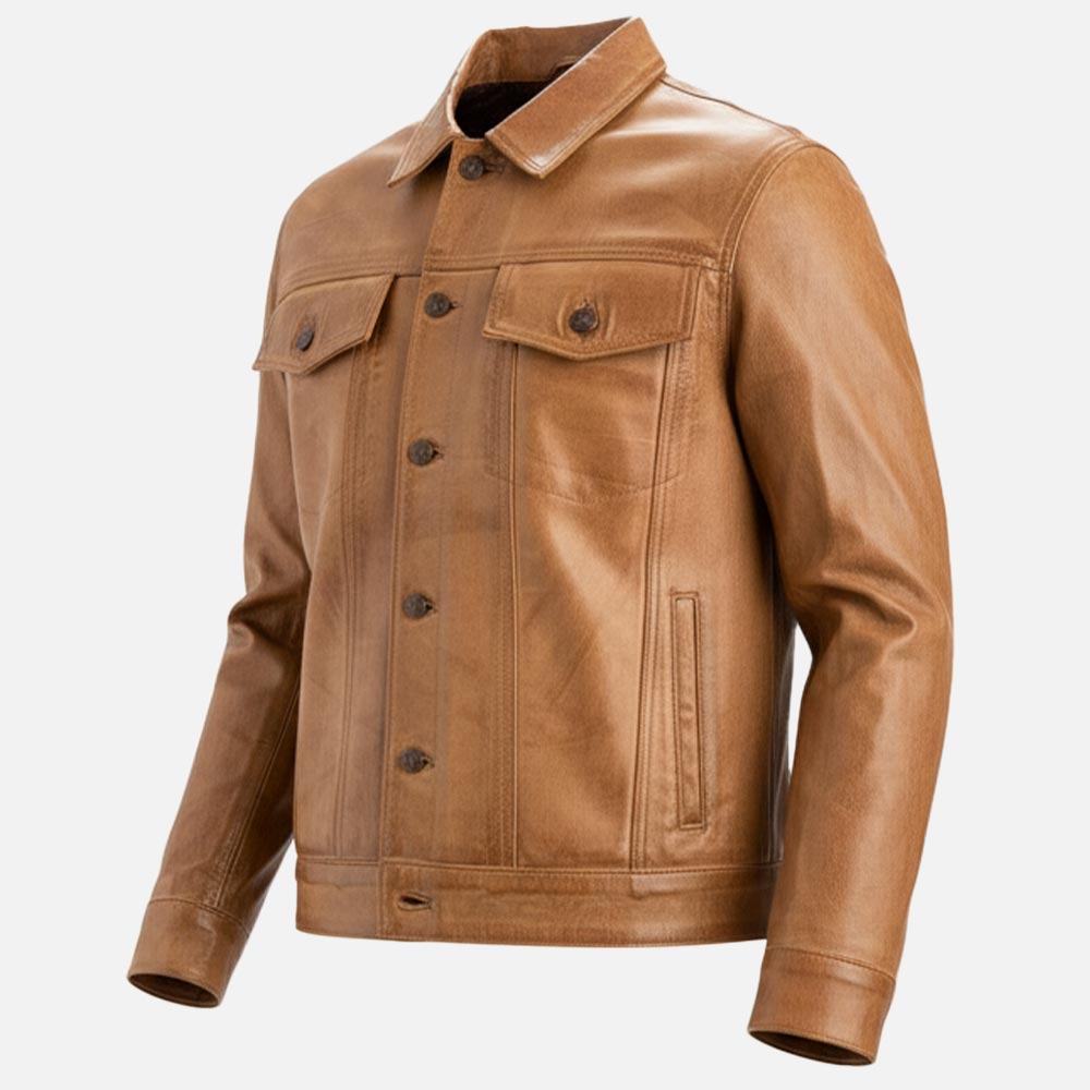 Napoli Tan Leather Trucker Jacket - image 9