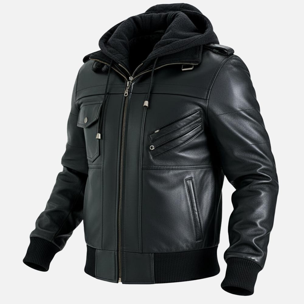 Ischia Black Hooded Leather Bomber Jacket - image 7