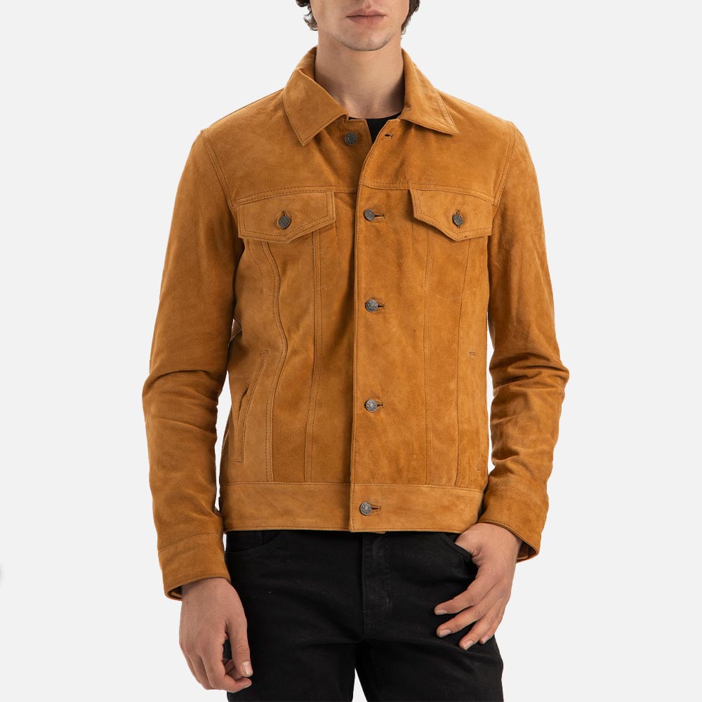 Napoli Tan Suede Leather Trucker Jacket - image 6