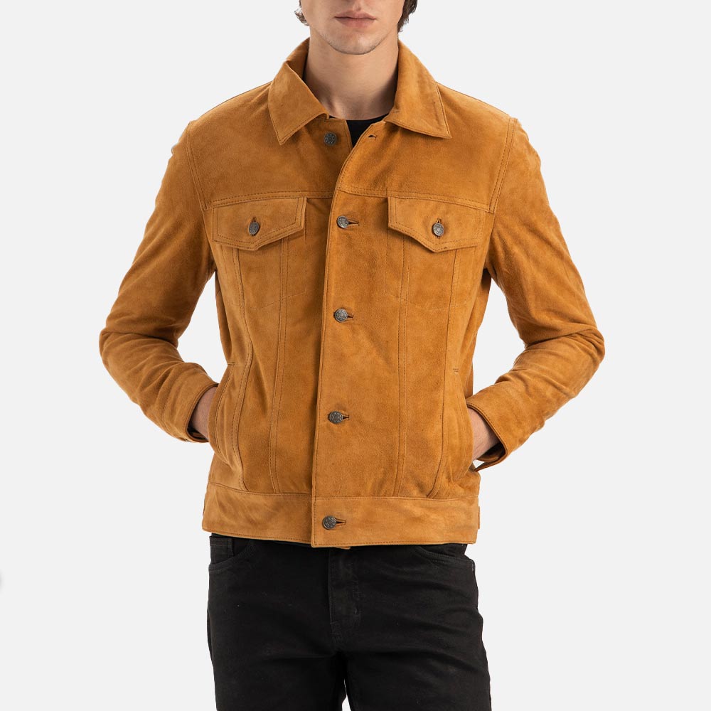 Napoli Tan Suede Leather Trucker Jacket - image 7