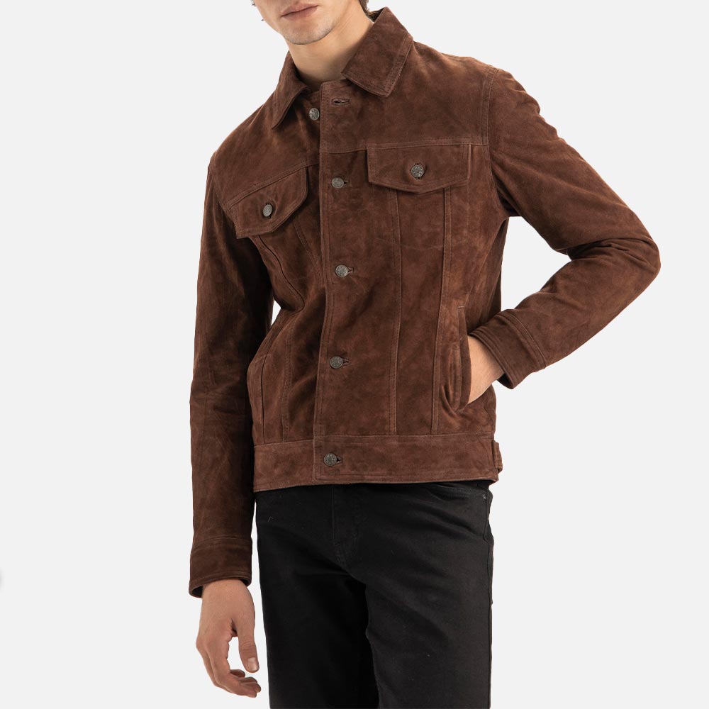 Napoli Brown Suede Leather Trucker Jacket - image 3