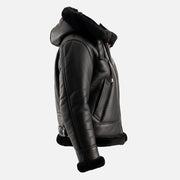 Nordica Black Hooded Real Shearling Bomber Jacket