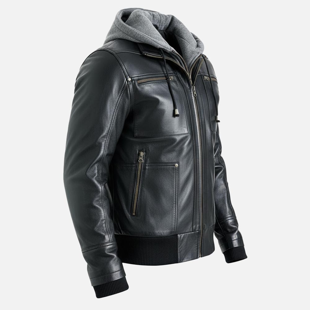 Palermo Black Hooded Leather Bomber Jacket - image 7