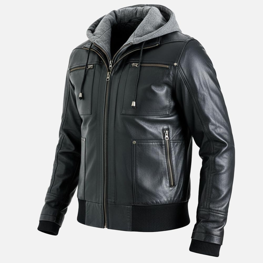 Palermo Black Hooded Leather Bomber Jacket - image 6