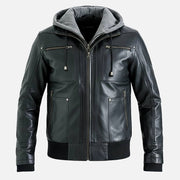 Palermo Black Hooded Leather Bomber Jacket - image 5
