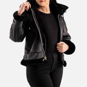 Nordica Black Hooded Real Shearling Bomber Jacket