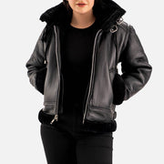 Nordica Black Hooded Real Shearling Bomber Jacket