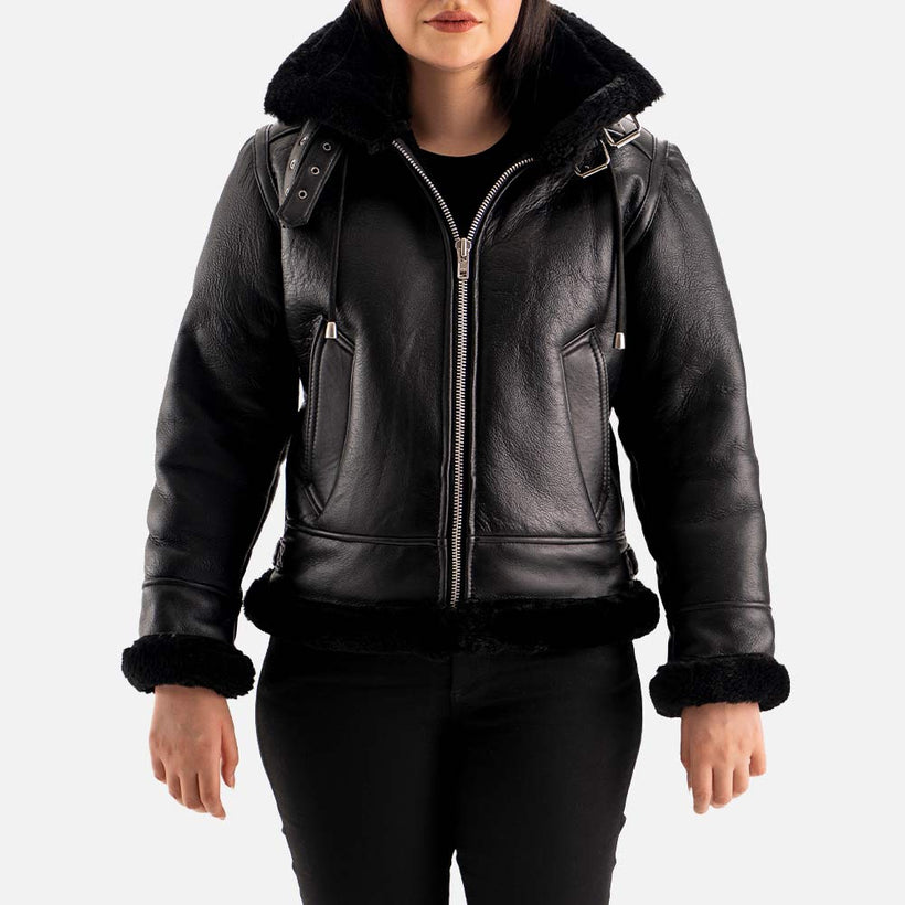 Nordica Black Hooded Real Shearling Bomber Jacket