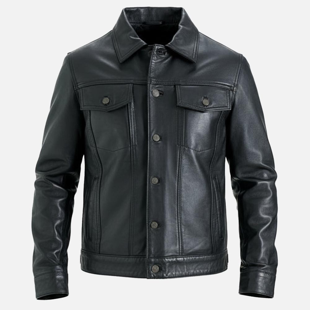 Napoli Black Leather Trucker Jacket - image 5