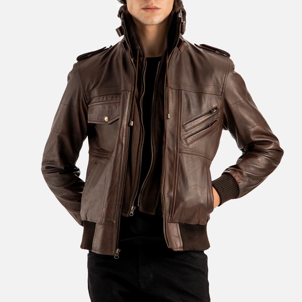 Ischia Brown Hooded Leather Bomber Jacket - image 4