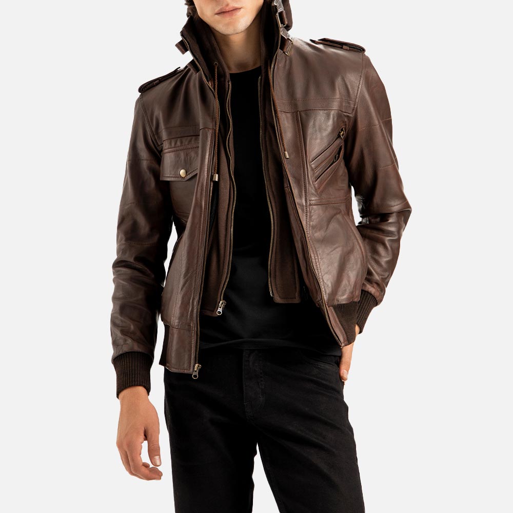 Ischia Brown Hooded Leather Bomber Jacket - image 2