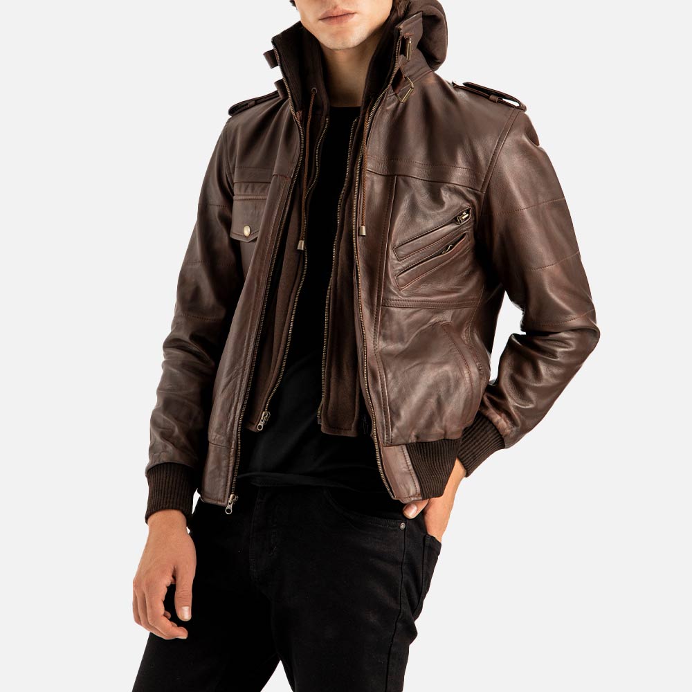 Ischia Brown Hooded Leather Bomber Jacket - image 3