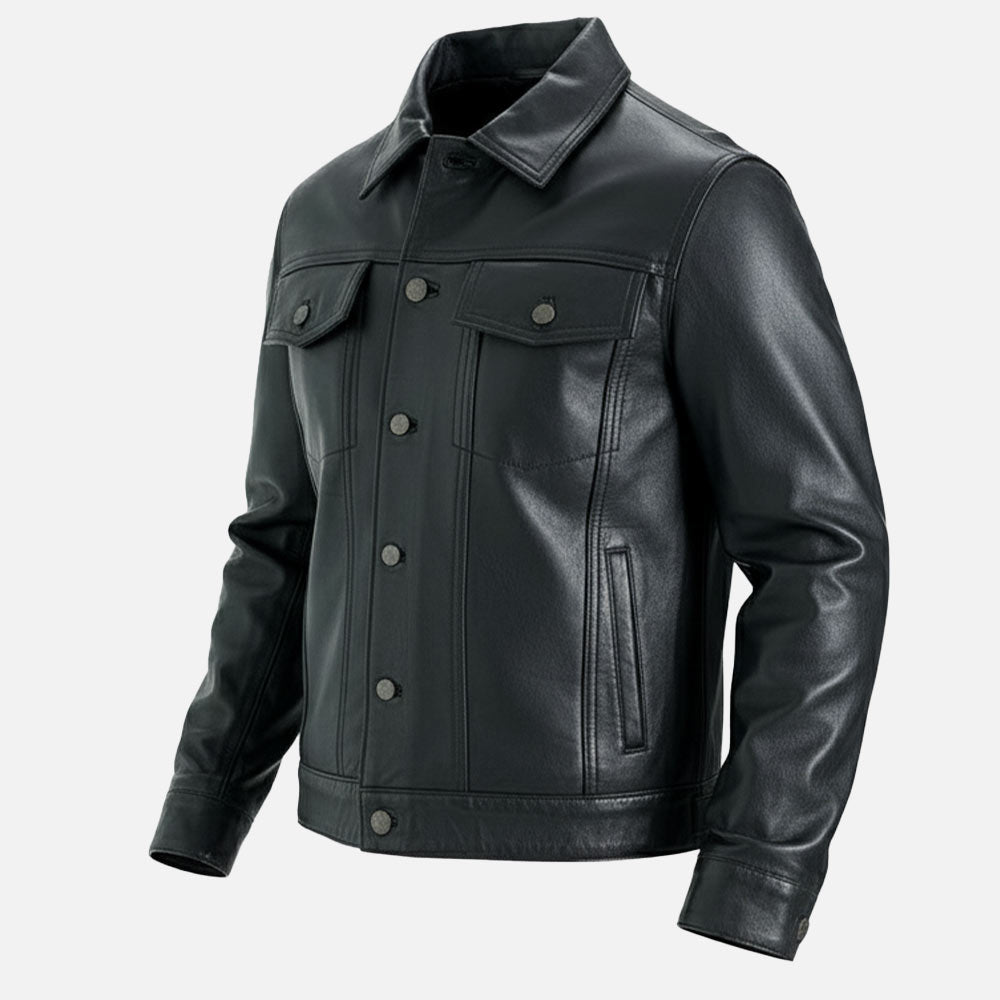 Napoli Black Leather Trucker Jacket - image 6