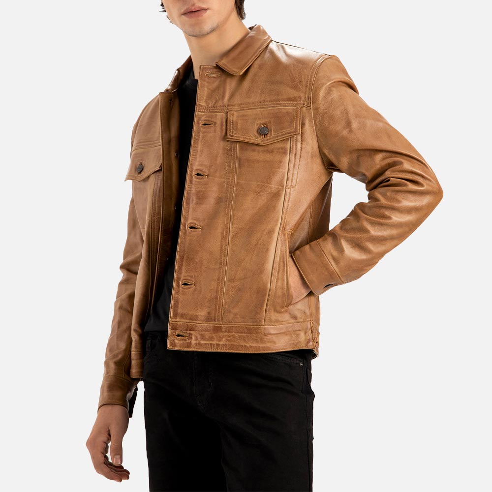 Napoli Tan Leather Trucker Jacket - image 4