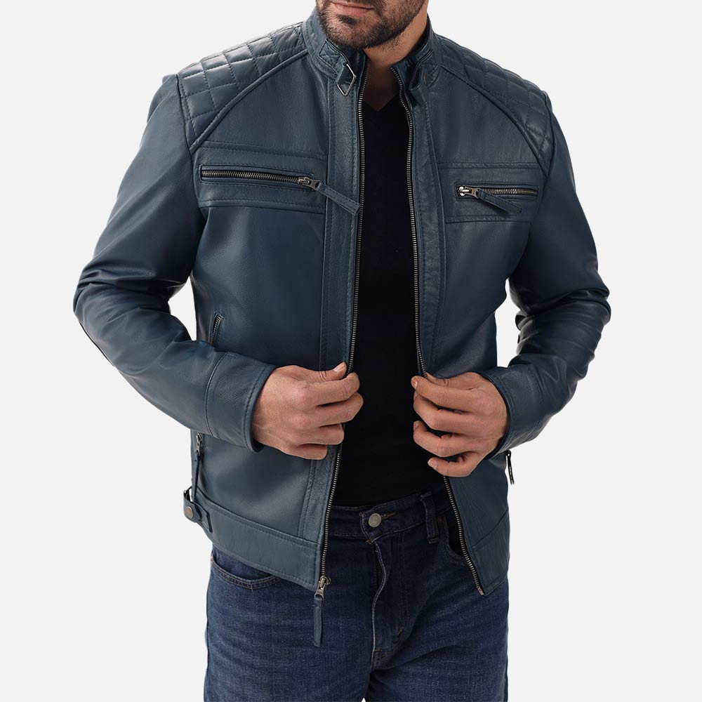 Salerno Blue Leather Biker Jacket - image 1