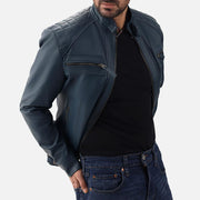 Salerno Blue Leather Biker Jacket - image 4