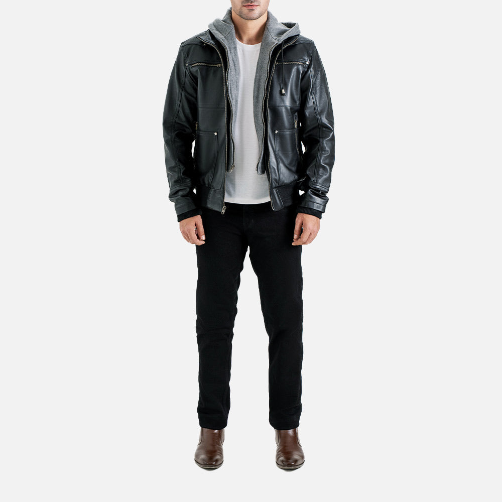 Palermo Black Hooded Leather Bomber Jacket - image 3