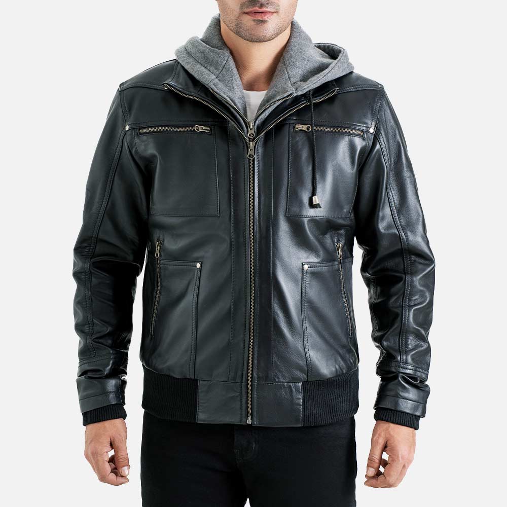 Palermo Black Hooded Leather Bomber Jacket - image 1