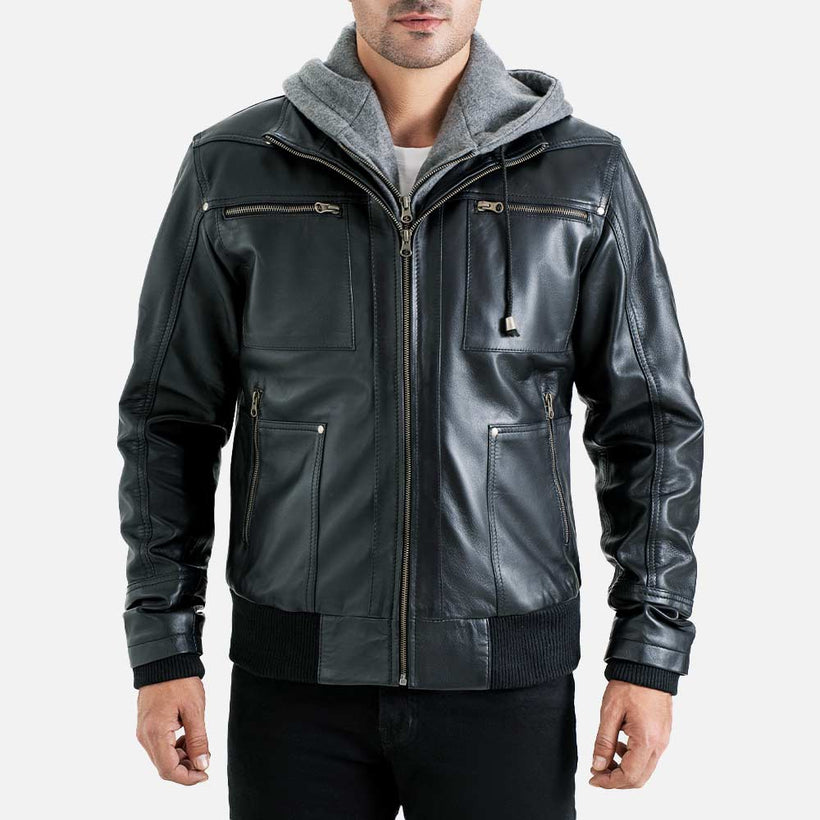 Palermo Black Hooded Leather Bomber Jacket - image 1