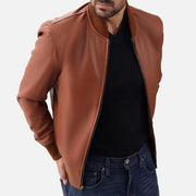 Amalfi tan Leather Bomber Jacket - image 5