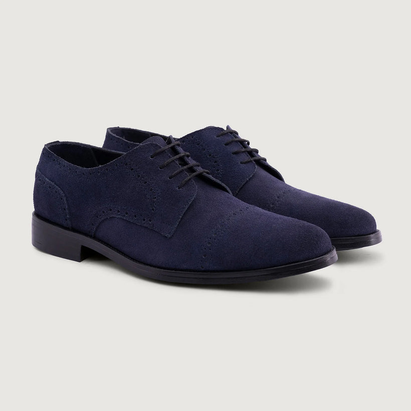 Dirk Brogues Derby Blue Suede Leather Shoes - StudGuard in Blue Goatskin Suede - Lateral Side Profile View | Buy Online