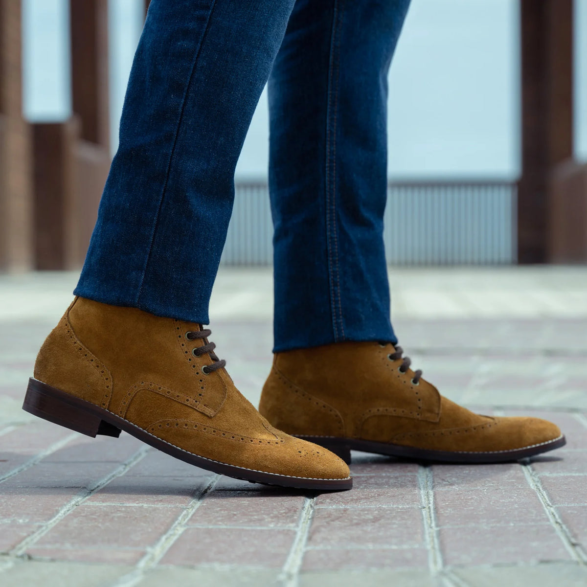Tailored Rib Cuffs & Hem Craftsmanship Construction Detail on Duster Brogues Derby Brown Suede Leather Boots - StudGuard