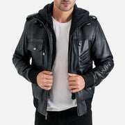 Ischia Black Hooded Leather Bomber Jacket - image 1
