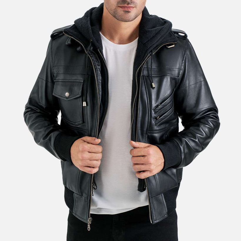 Ischia Black Hooded Leather Bomber Jacket - image 1