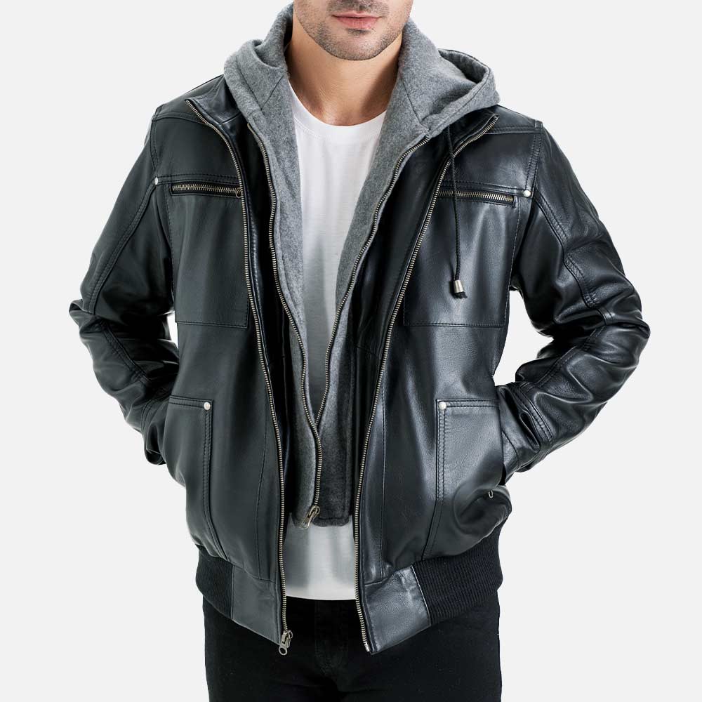 Palermo Black Hooded Leather Bomber Jacket - image 2