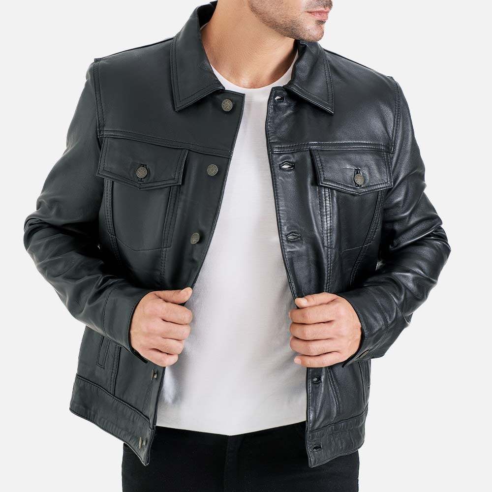 Napoli Black Leather Trucker Jacket - image 2