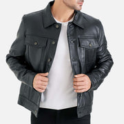 Napoli Black Leather Trucker Jacket - image 2