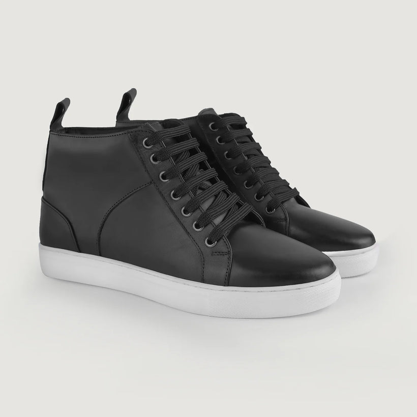 Marty High Top Black Leather Sneakers in Black Full-Grain Leather - Lateral Side Profile View | Buy Online