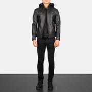 Hector Black Hooded Leather Biker Jacket