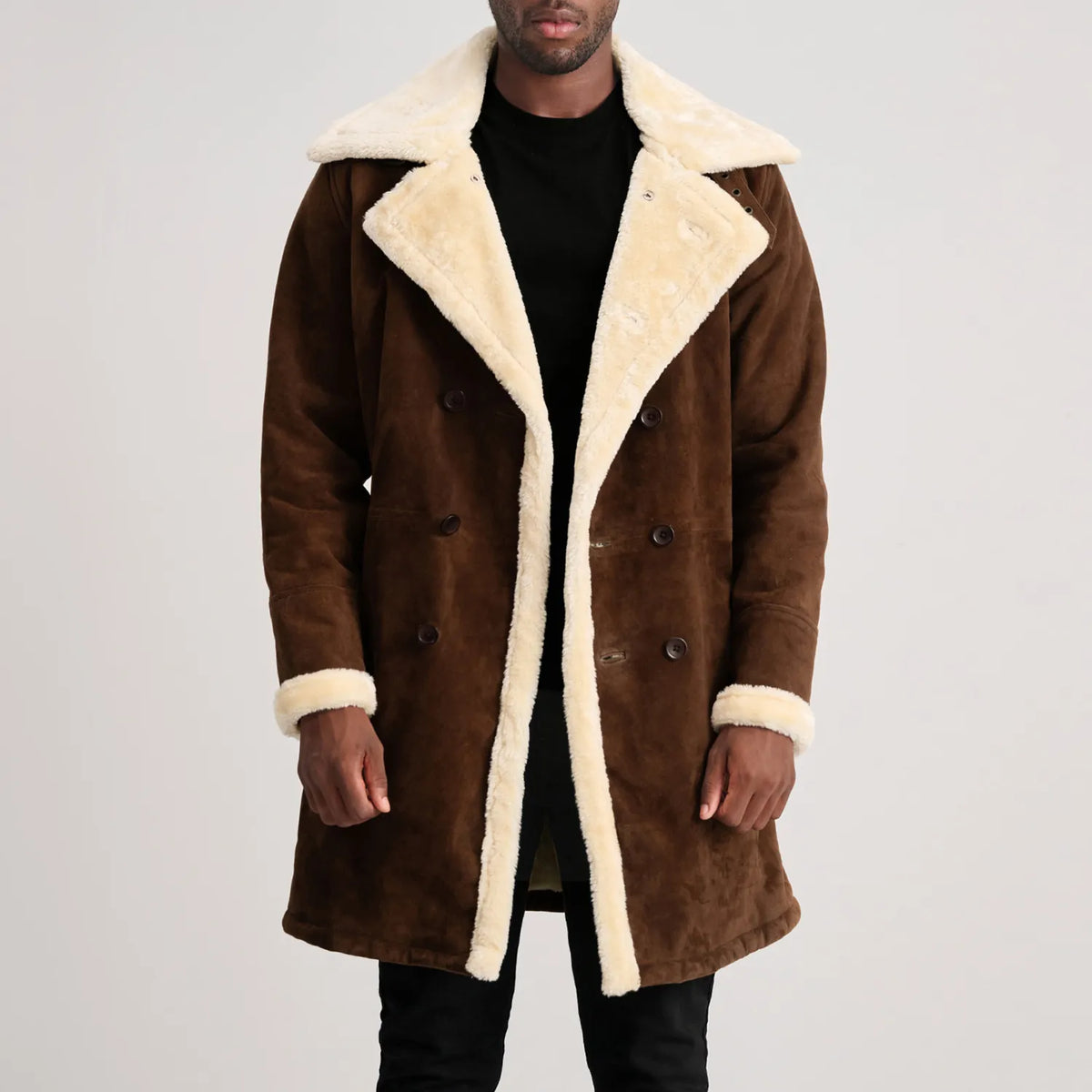 charles-brown-suede-leather-shearling-double-breasted-coat — Brown Suede