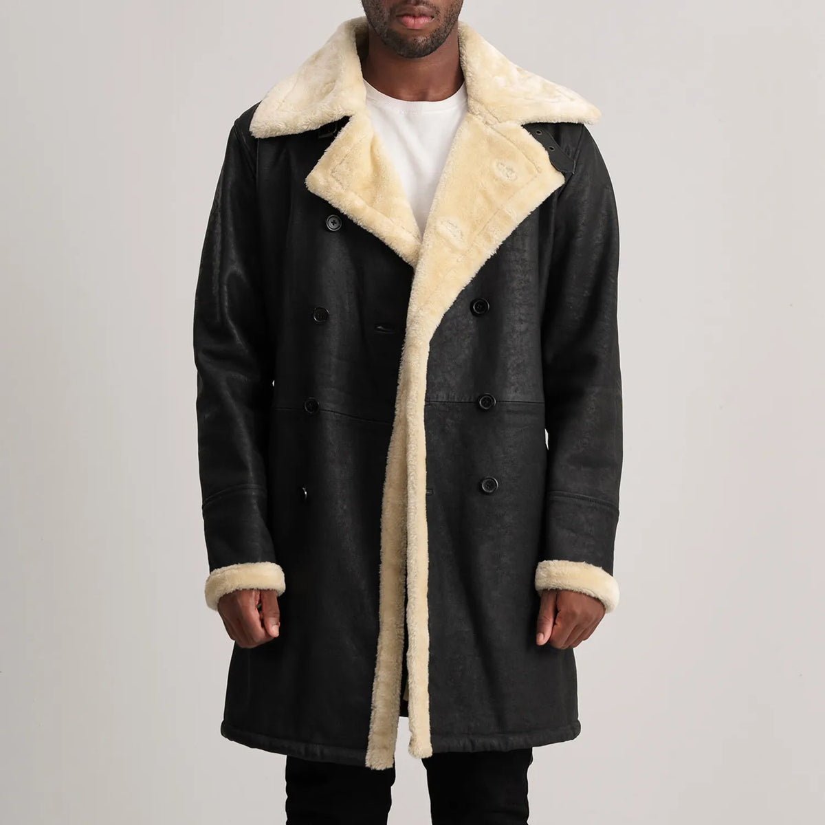 charles-brown-suede-leather-shearling-double-breasted-coat — Tumbled Black