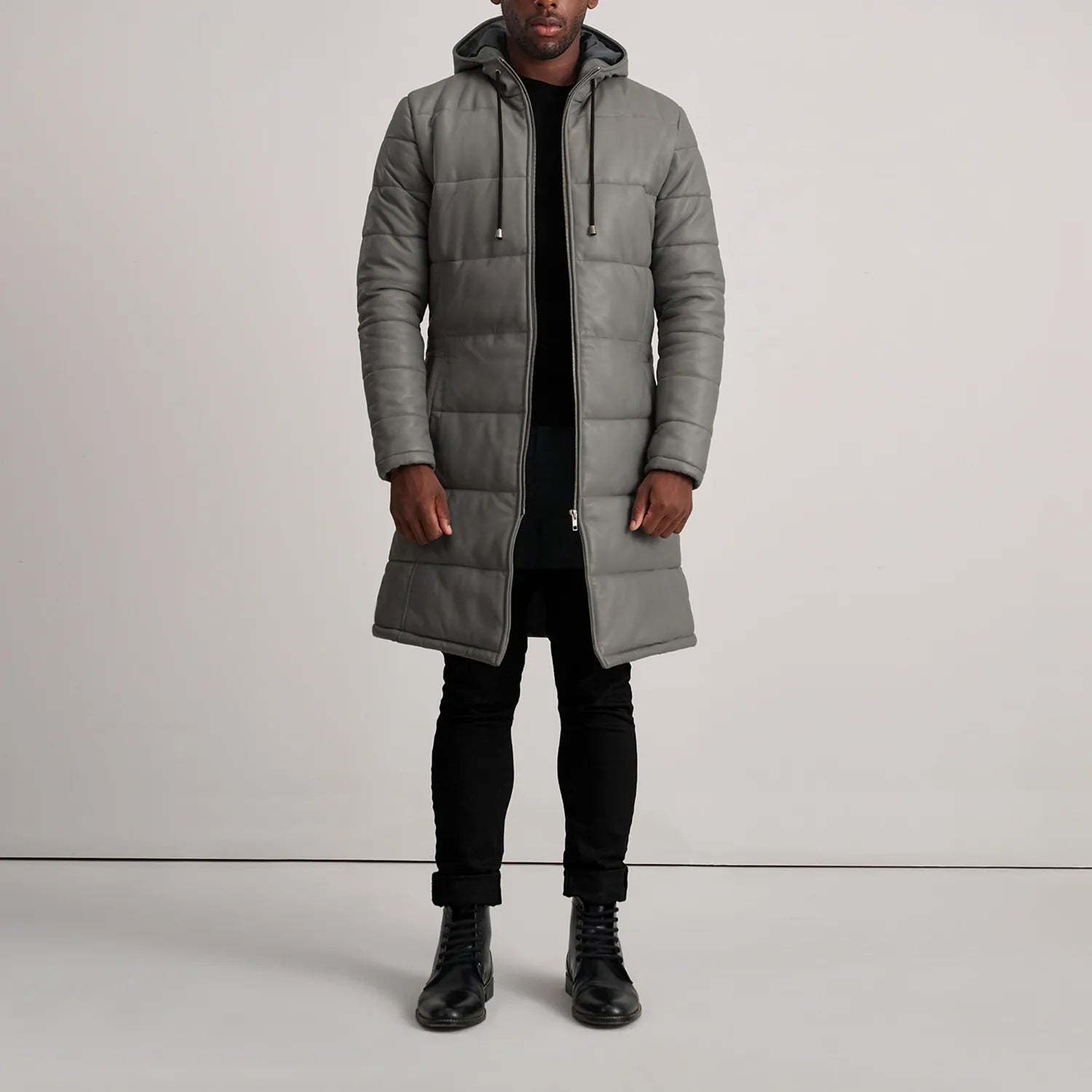 Floyd Grey Hooded Leather Puffer Coat - image 3
