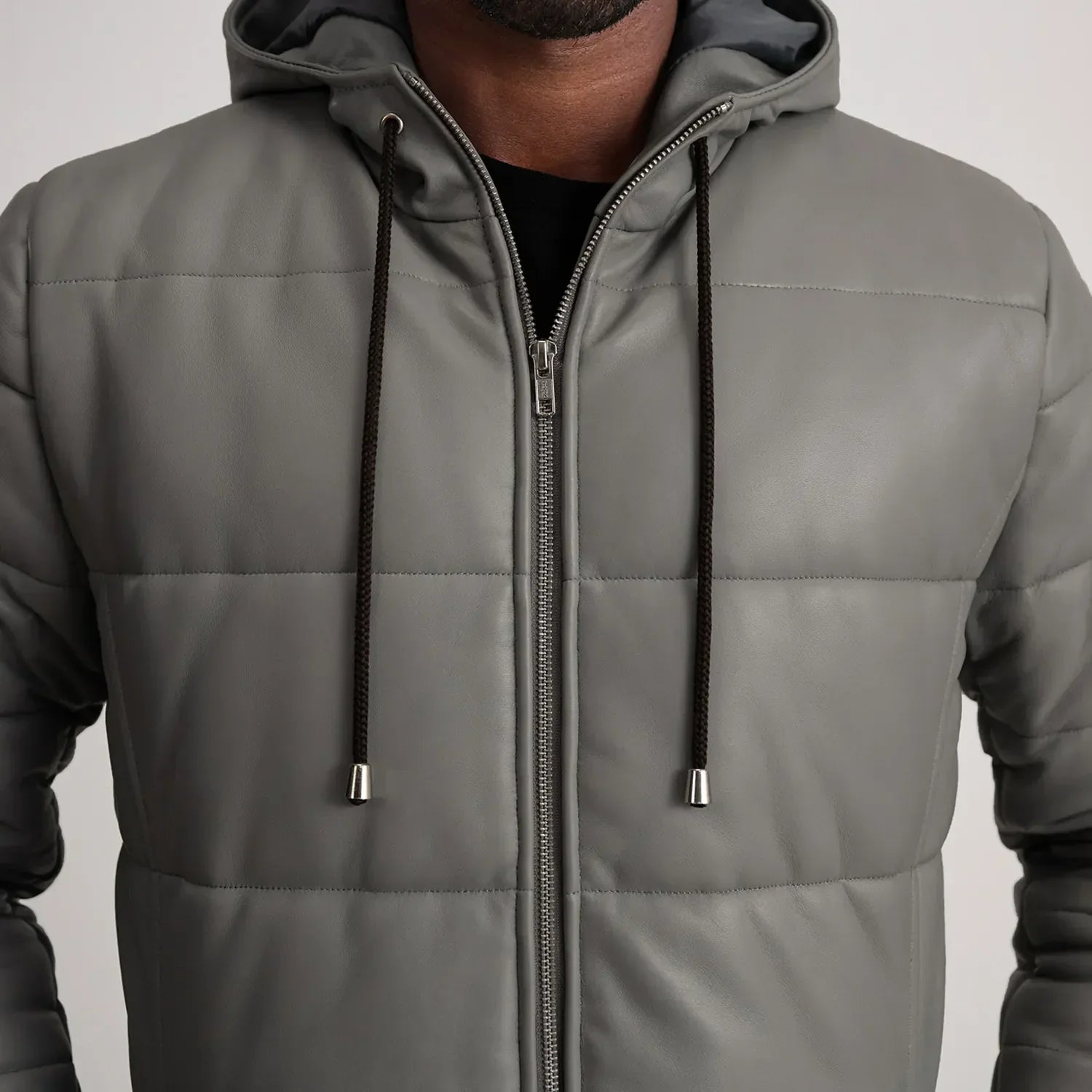 Floyd Grey Hooded Leather Puffer Coat - image 4
